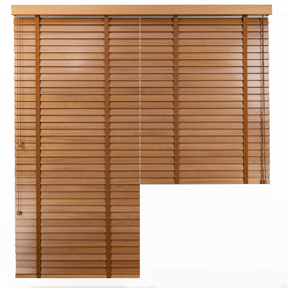 Żaluzja DUAL z drewna Abachi – kolor Koniak – odcienie brązu, klon, mahoń, dąb – CLICKY® Flip 50 mm